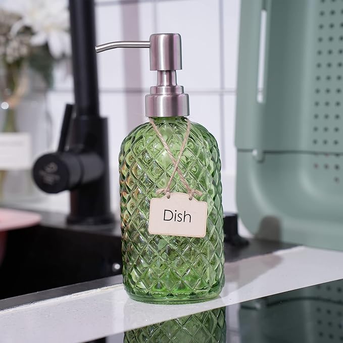 16 oz Diamond Pattern Glass Soap Dispenser, Kitchen and Bathroom Refillable Soap Dispenser with Rust Resistant Stainless Steel Pump for Hand Soap, Lotion Glass Liquid Dispenser(Green)