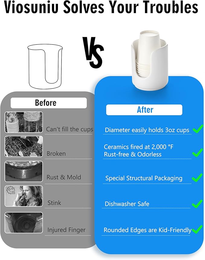 3 oz Original Ceramic Bathroom Cup Dispenser with 5 PLA Paper Cups, Bathroom Essential Accessories for Mouthwash Holder on Bathroom Vanity Countertops (2 Pack, Black)