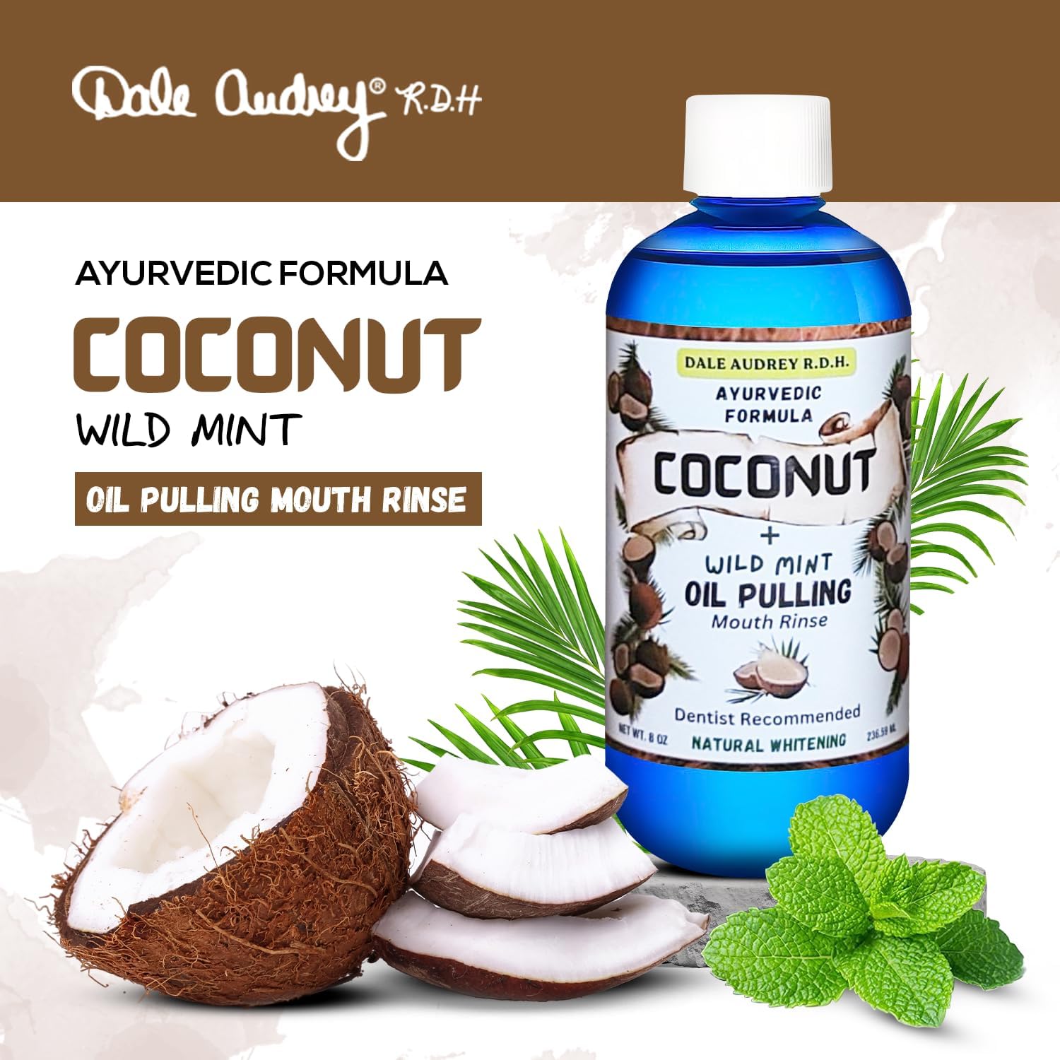 Dale Audrey Coconut Pulling Oil for Teeth and Gums with Stainless Steel Tongue Scraper | CocoMint Oil Pulling Mouthwash, Ayurvedic Alcohol-Free Teeth Whitening Mouthwash for Gums & Bad Breath- 8 FL Oz