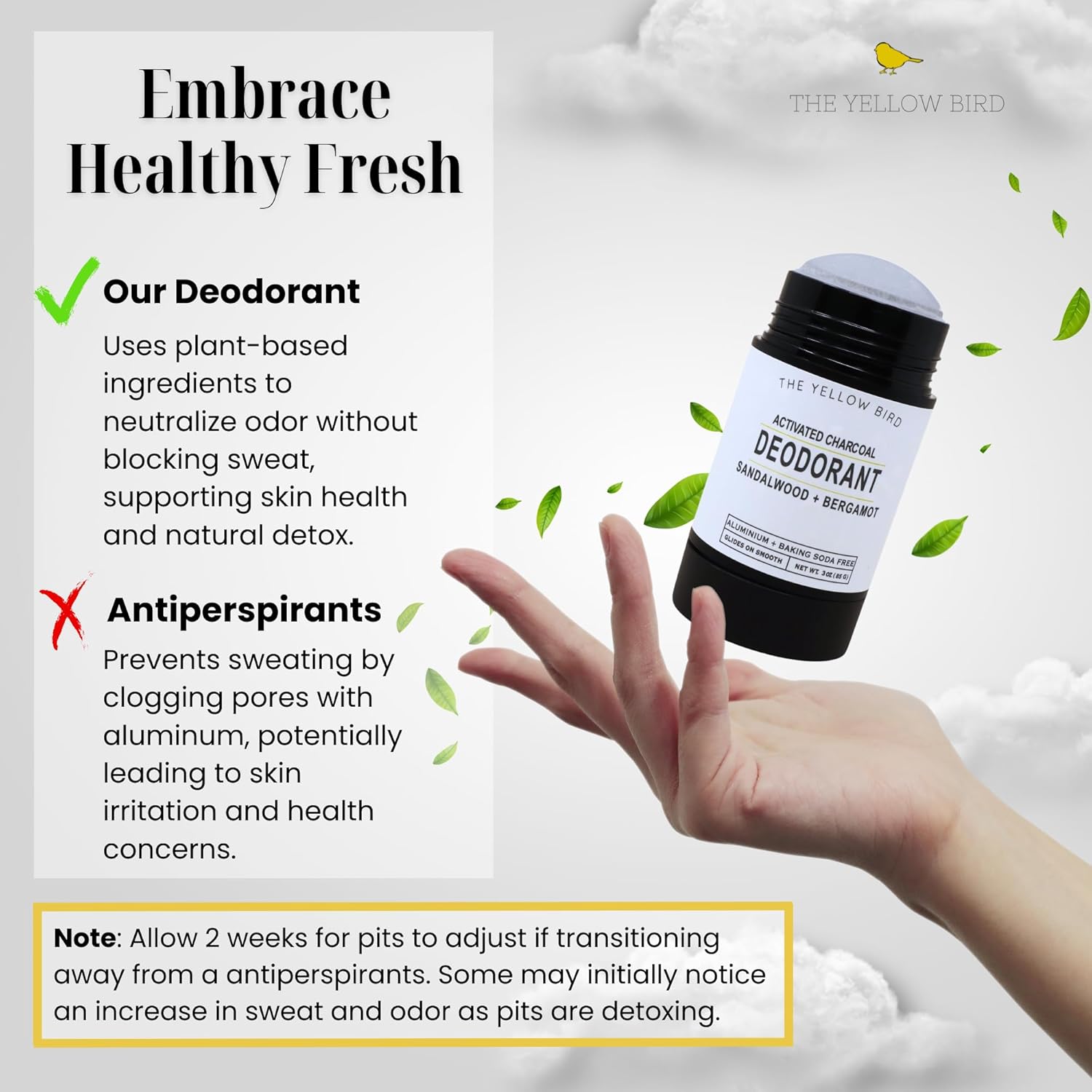 Sandalwood & Bergamot Natural Deodorant – Aluminum-Free, Baking Soda-Free Stick, Sensitive Skin Formula with Activated Charcoal – 3 oz, For Men, Women, Teens - Made in USA