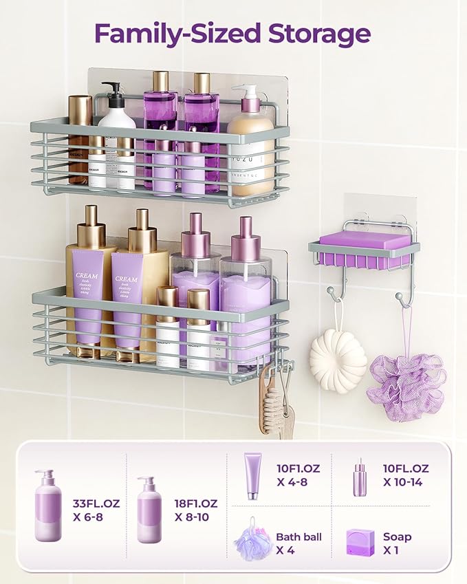 ODesign Shower Caddy 3 Pack SUS304 Stainless Steel-No Drilling-Shower Bathroom Shelves Rack,Rustproof Wall Mounted,Adhesive Shower Shelf Basket Organizer-Grey
