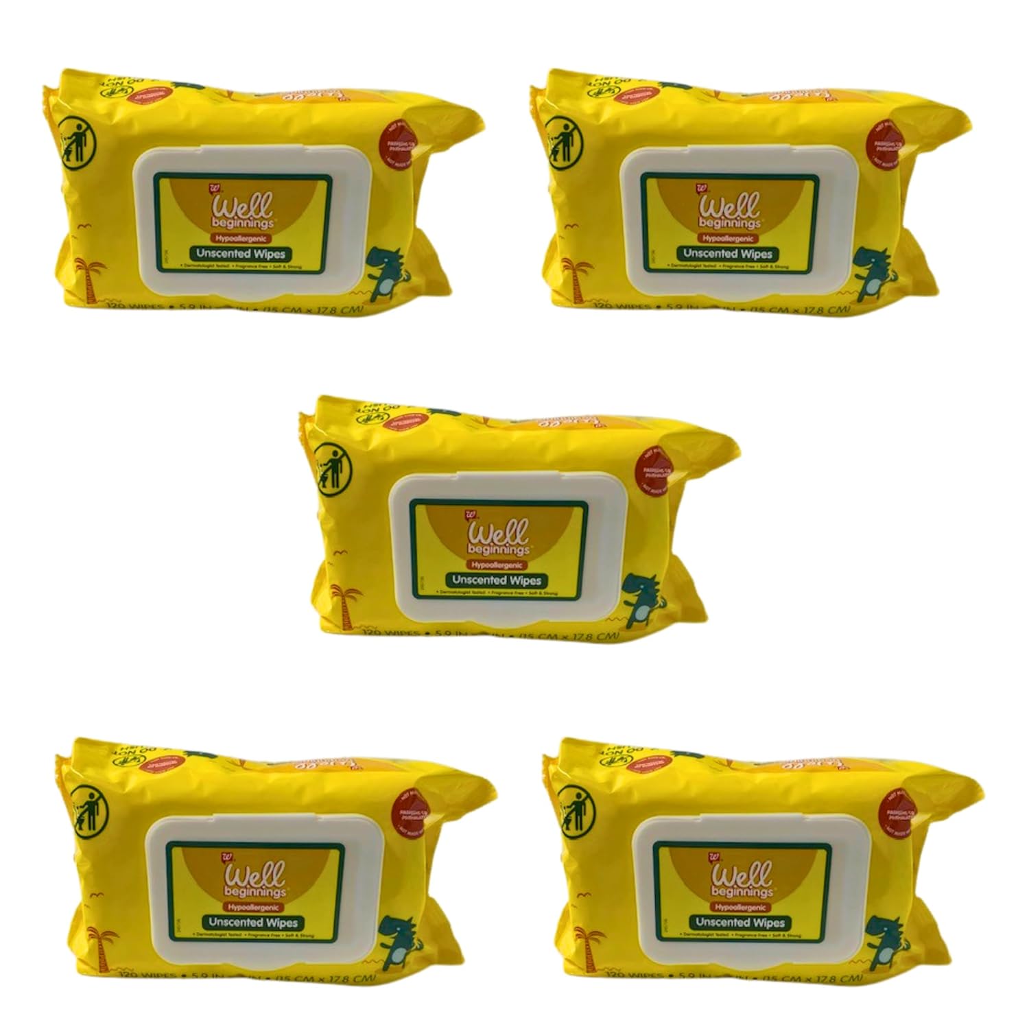 Pack of 5 Well Beginnings Hypoallergenic Unscented Wipes Dermatologist Tested Fragrance Free Soft & Strong, 120 Wipes