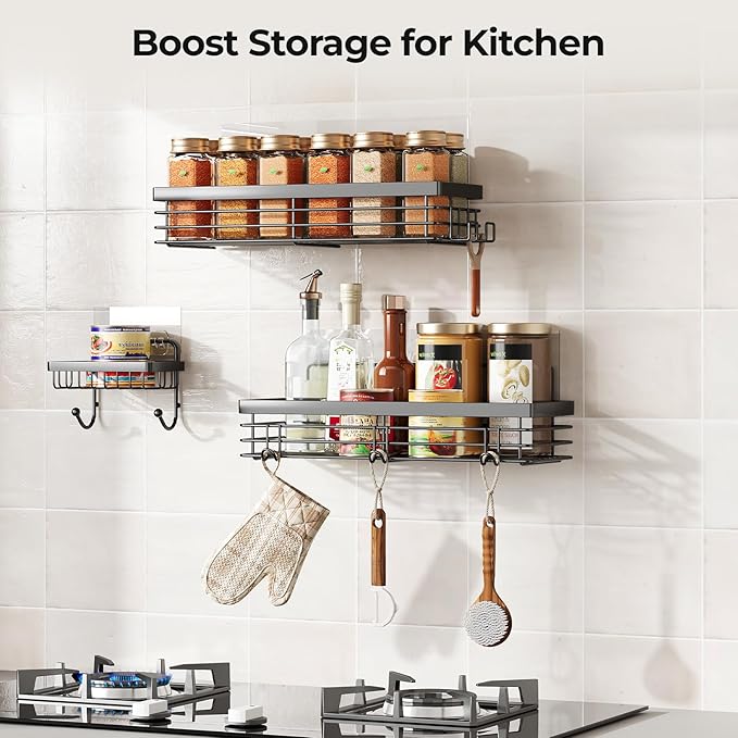 Orimade Adhesive Shower Caddy Soap Dish Holder Shelf with 5 Hooks Bathroom Organizer Basket Kitchen Storage Rack Wall Mounted No Drilling Stainless Steel - 3 Pack, Black