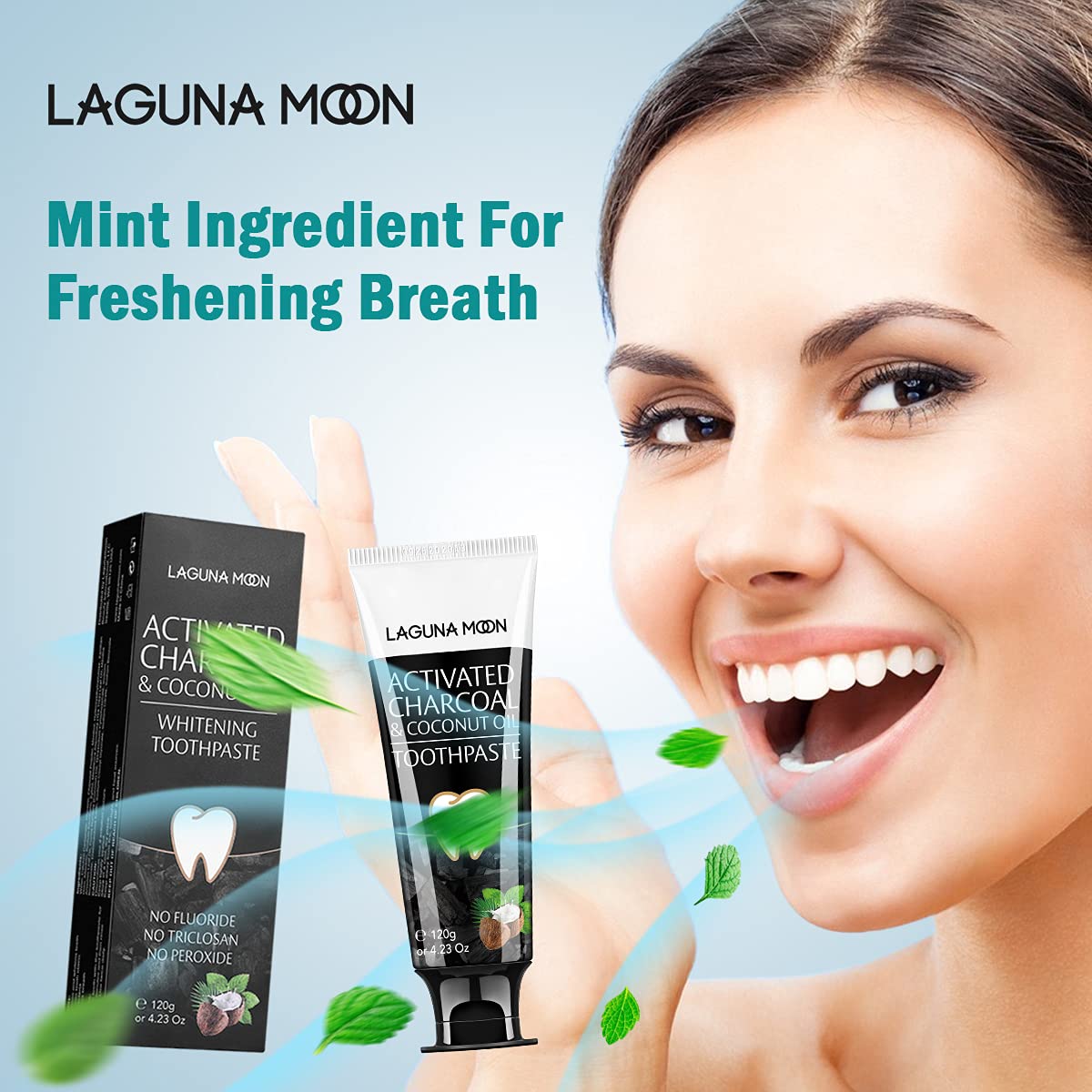Lagunamoon Whitening Charcoal Toothpaste for Sensitive Teeth, Enamel Repair, Cavity Protection - Natural Toothpaste for Whitening, Removing Stains, Mint Flavor Freshen Breath Mint Gel - No Peroxide