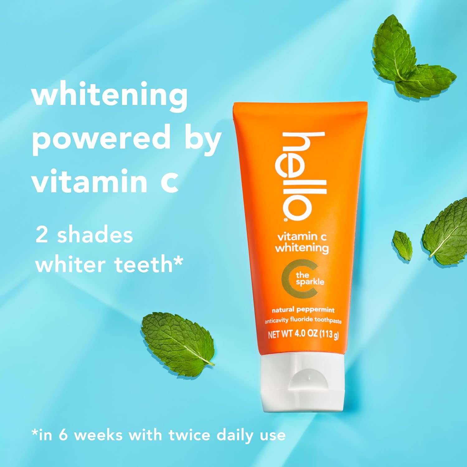 hello Vitamin C Whitening Toothpaste with Fluoride, Whitening SLS Free Toothpaste Pack, Up to 2 Shades Whiter Teeth, No Peroxide, Safe for Everyday Use, Natural Peppermint, 2 Pack, 4.0 Oz Tubes