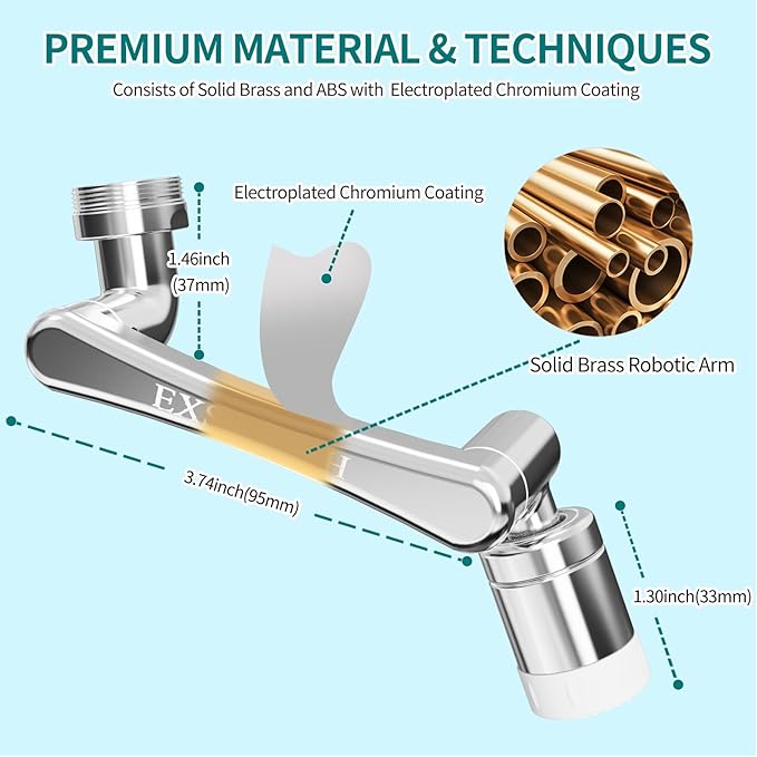 1440° Rotating Faucet Extender, Brass Multifunctional 1080°+ 360° Swivel Extension Robotic Arm Sink Aerator for Kitchen/Bathroom, 2 Water Outlet Modes, Silver