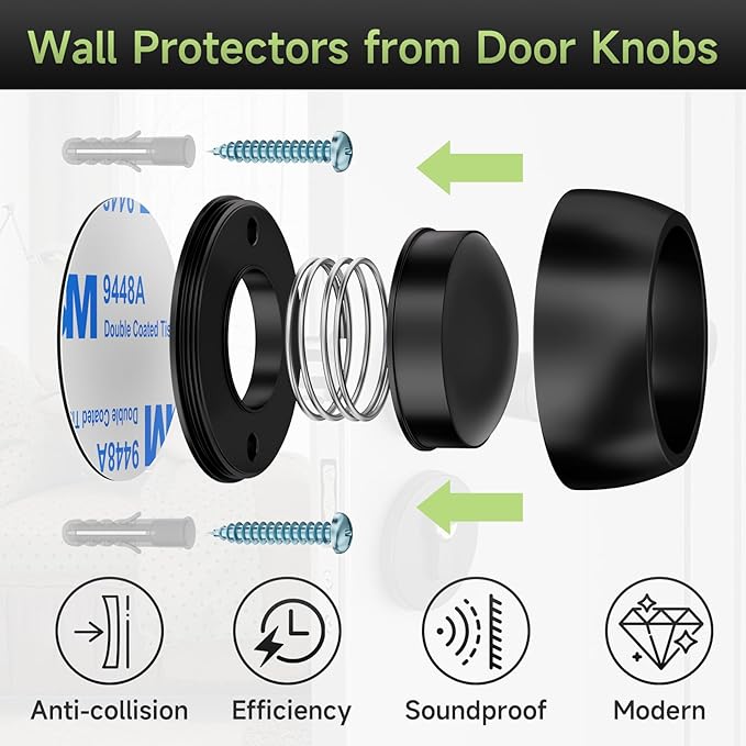 15PCS Door Stopper Wall Protector with Silicone Head, Aluminum Door Knob Wall Protector, Spring Shock Absorption Technology, 1.65" Door Stoppers for Wall, Adhesive Installation or with Screw