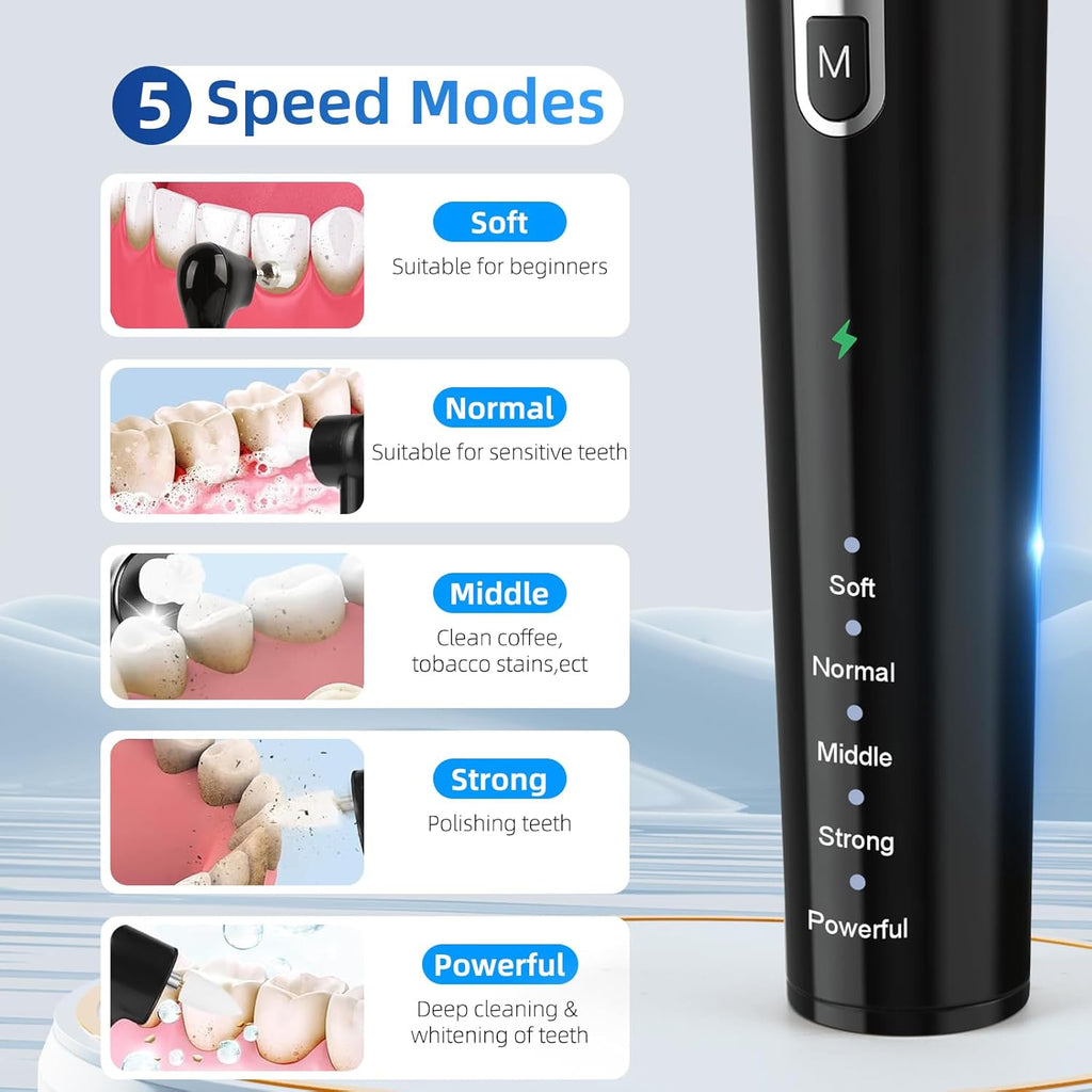 Tooth Polisher,Rechargeable Teeth Whitening Kits for Teeth Daily Cleaning and Whitening,Dental Polisher with 2 Set Polishing Brush Heads,LED Light,5 Speed Modes,Waterproof