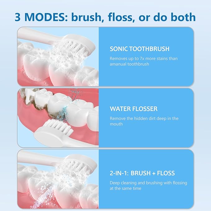 Electric Toothbrush with Water Flosser - Wireless Charging 3 in 1 Flossing Toothbrush - 500ML Professional Cordless Brush and Flosser in One - 5 Brush Modes & 3 Floss Speed (White)
