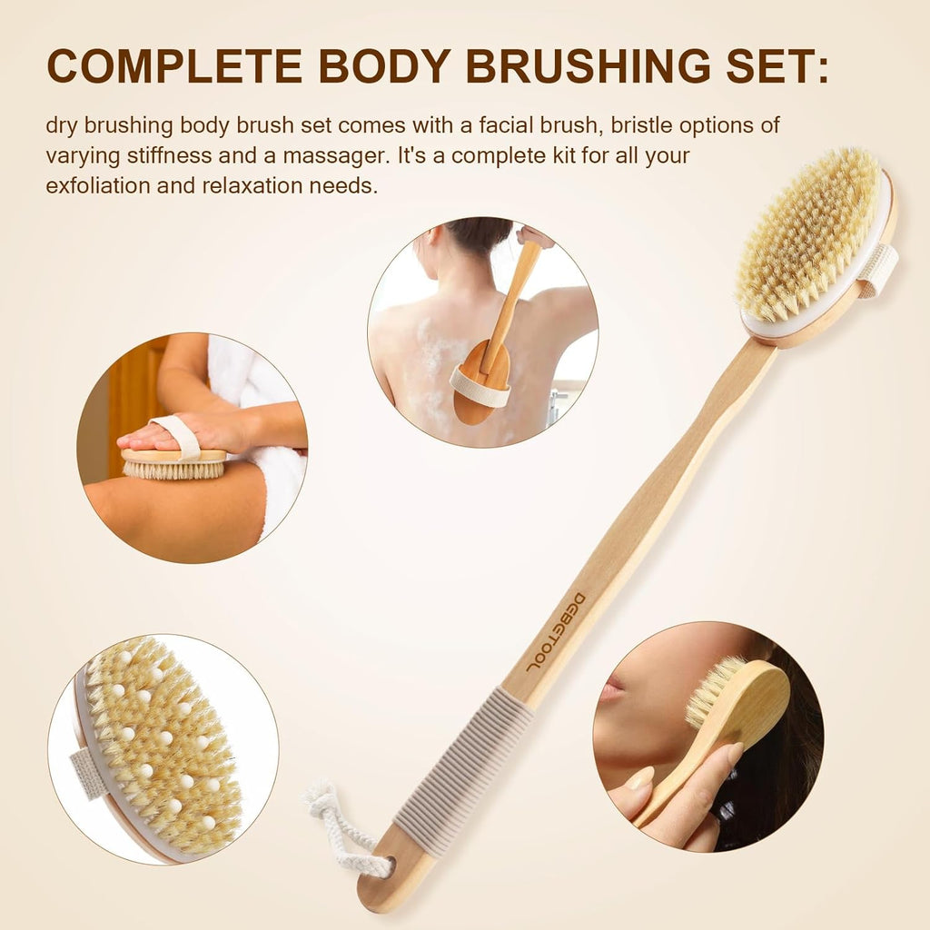 Dry Brushing Set - Natural Boar Bristle Body & Face Brush, Wooden Long Handle Scrub Brush for Cellulite & Lymphatic Drainage, Detachable, 3 Brush Heads