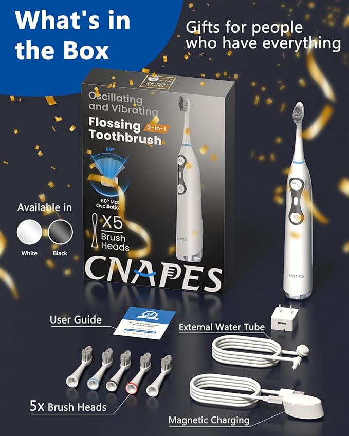 Electric Toothbrush with Water Flosser 3-in-1 Combo, Oscillating & Vibrating Dual Action Flossing Toothbrush, Clean Plaque& Teeth, Portable, 5 Brush Heads, Sonic Electric Toothbrush for Adults