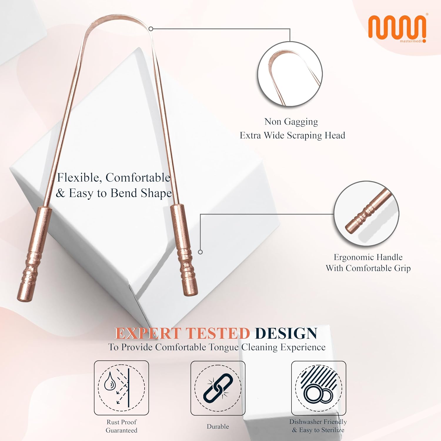 MasterMedi Tongue Scraper for Adults, 100% Stainless Steel & Copper Tongue Scrubber for Bad Breath, Easy to Use, Tongue Cleaner for Oral Care & Hygiene (Combo-2)
