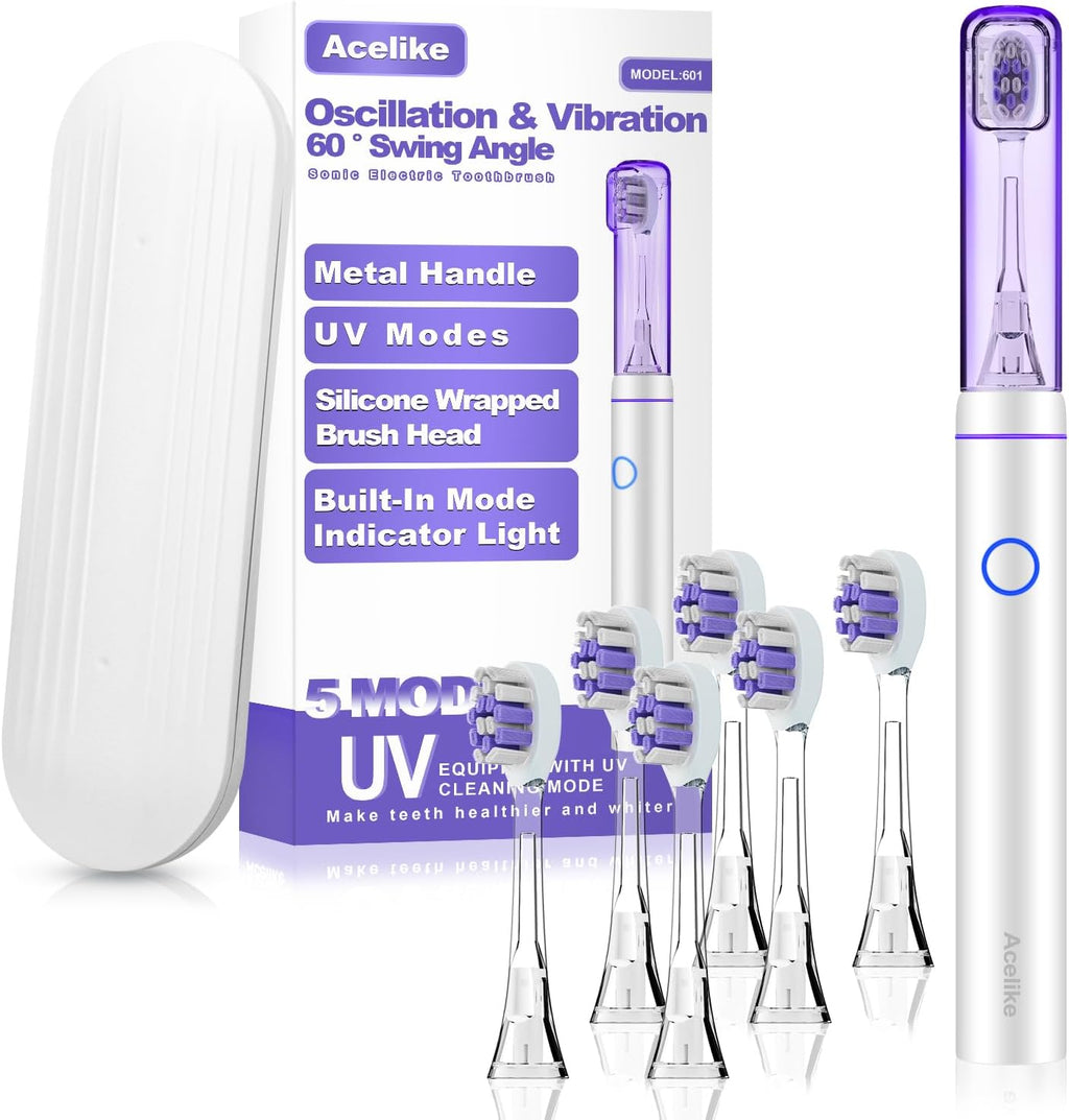 Metal Electric Toothbrush with UV Mode, Vibration and Oscillation Electric Toothbrush for Adults, 6 Brush Heads & Travel Case & Dust Cover, 5 Modes & Built in Timer, One Charge Last 120 Day（Sliver）