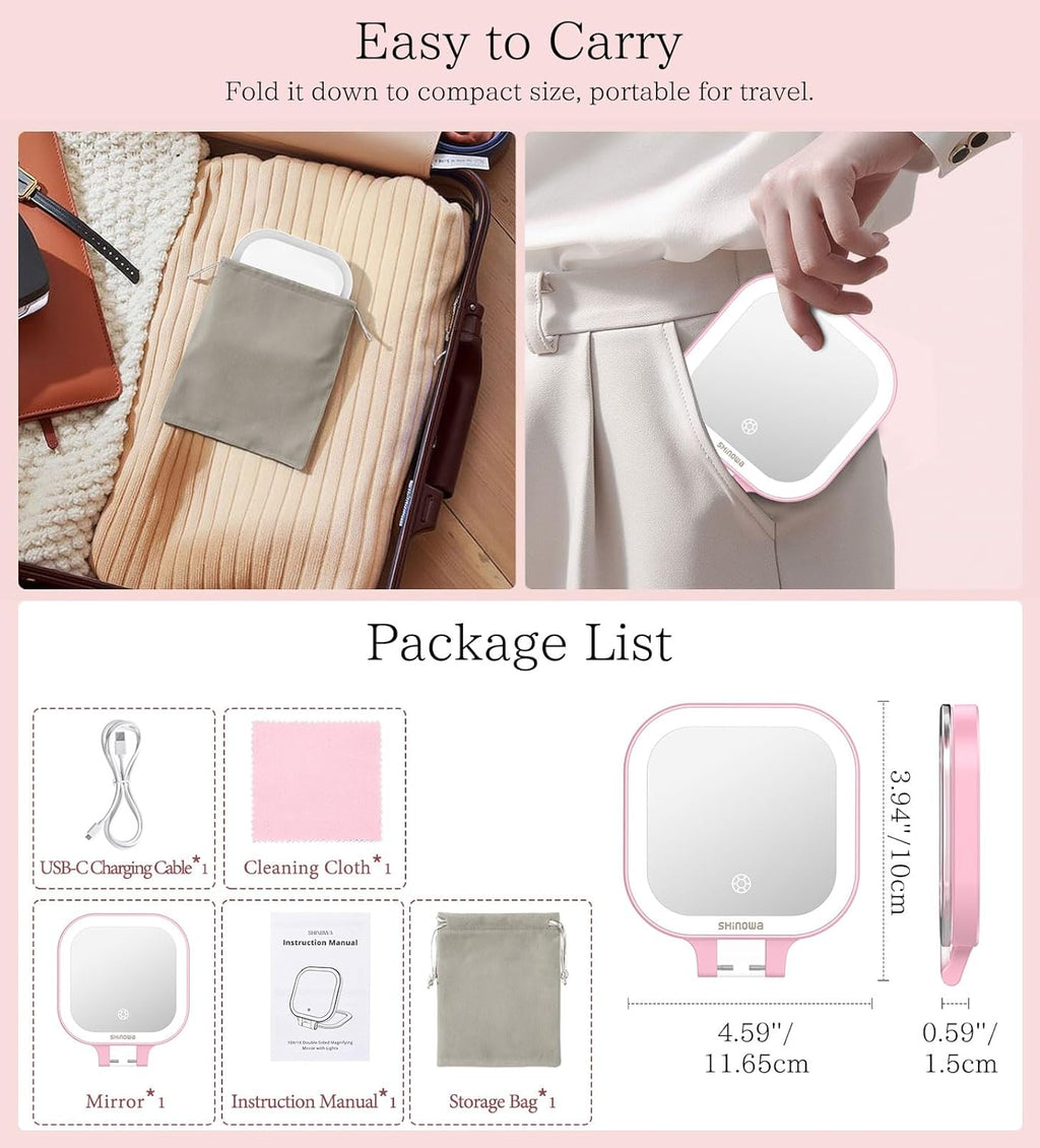 Shinowa Rechargeable Travel Makeup Mirror with 44 LED Lights, 1X/10X Magnifying Vanity Mirror with 3 Color Light, Folding Stand, 4 Inch Portable Dimmable Double Sided Compact Lighted Mirror, Pink