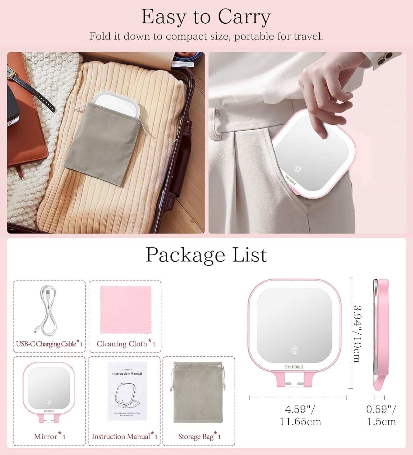 Shinowa Rechargeable Travel Makeup Mirror with 44 LED Lights, 1X/10X Magnifying Vanity Mirror with 3 Color Light, Folding Stand, 4 Inch Portable Dimmable Double Sided Compact Lighted Mirror, Pink