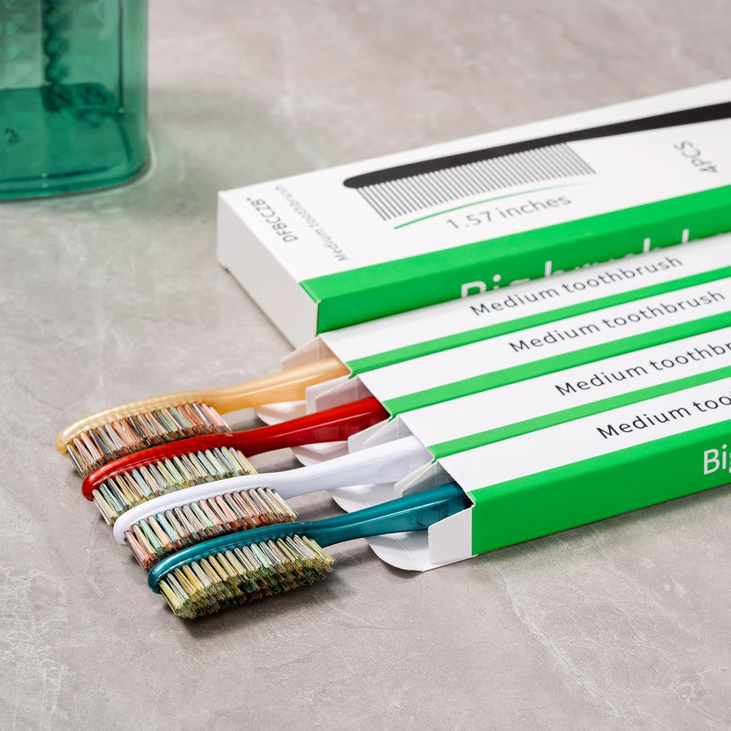 Big Head Medium Toothbrush Long Head Adult Toothbrush Cleaning Stains whitening Teeth Set of 4.