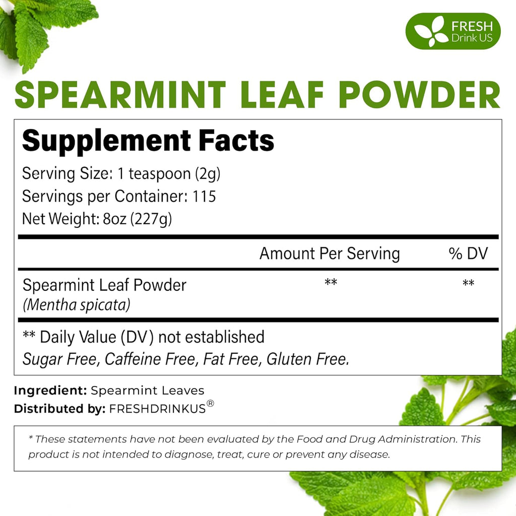 FreshDrinkUS, Premium Spearmint Leaf Powder 8oz – Pure Natural Mint Powder for Tea, Smoothies, Cooking, and Baking – Resealable Pouch