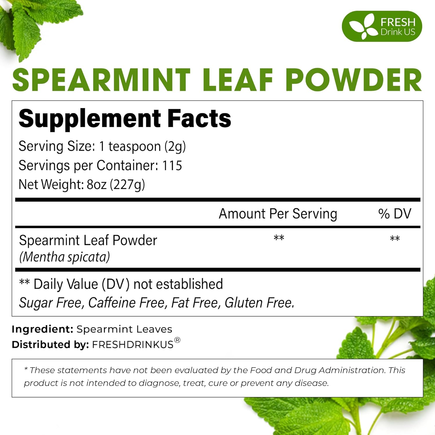 FreshDrinkUS, Premium Spearmint Leaf Powder 8oz – Pure Natural Mint Powder for Tea, Smoothies, Cooking, and Baking – Resealable Pouch