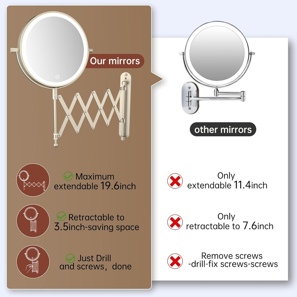 Rechargeable Wall Mounted Makeup Mirror - 8 Inch Double Sided 1X/10X Magnifying Mirror with 3 Color Lights Dimmable Touch Screen, 360°Swivel 19.6 Inch Extendable Accordion Bathroom Mirror - Nickel
