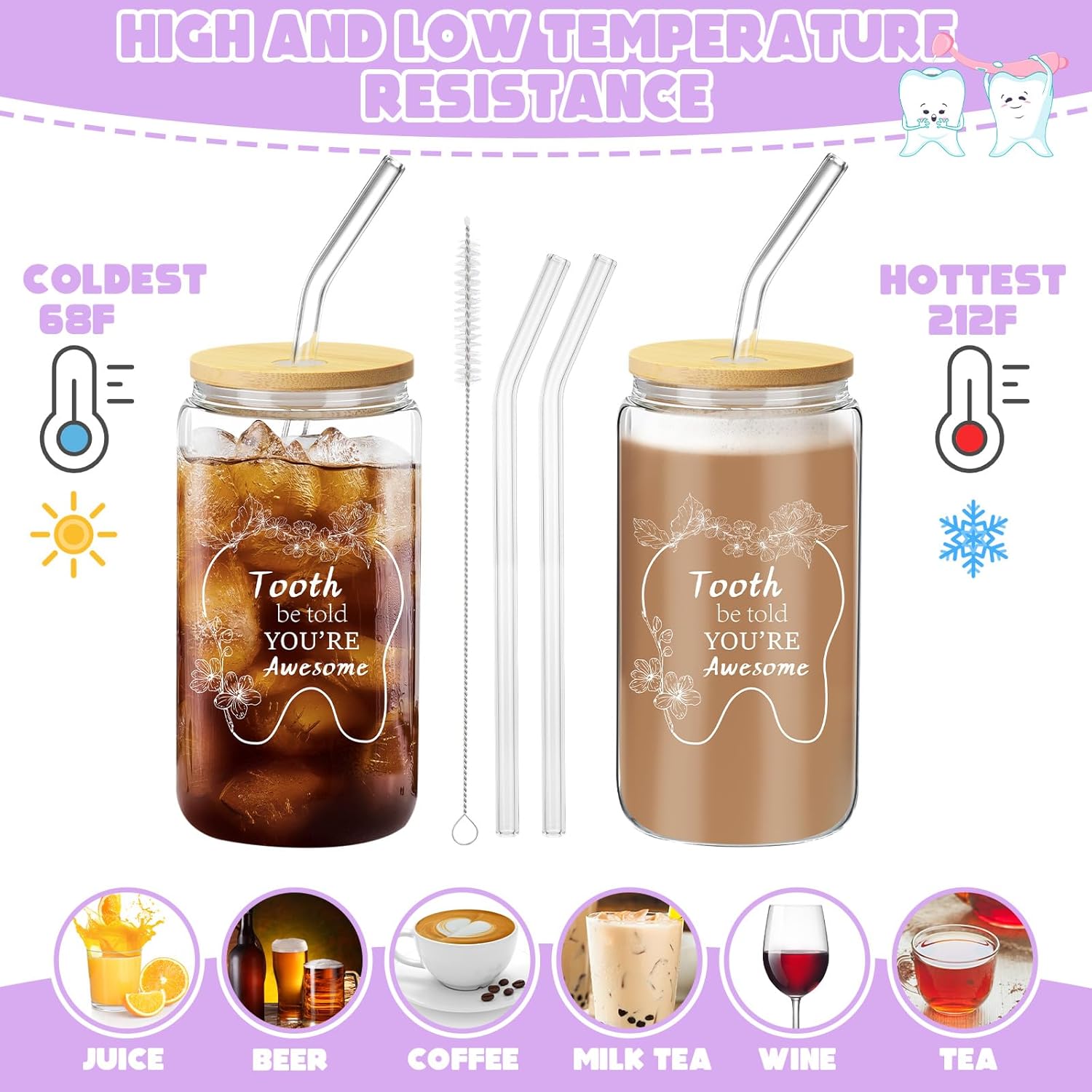 Pickmesh 6 Pcs Dental Gifts Nurse Assistant Hygienist Gifts 16 oz Glass Cups with Lid Makeup Bag Smiling Tooth Shape Felt Badge Holder Ceramic Pen Toothbrush Pot for Women Coworkers(Purple)