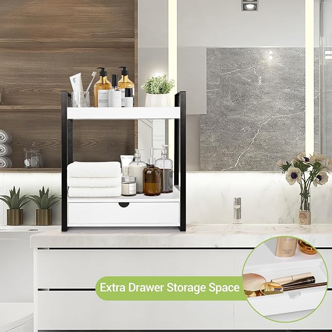 2-Tier Bathroom Organizer Countertop with Drawer, Wood Counter Shelf for Storage, Vanity Tray for Bathroom Organization and Decor, Countertop Organizer for Kitchen, Office (White)