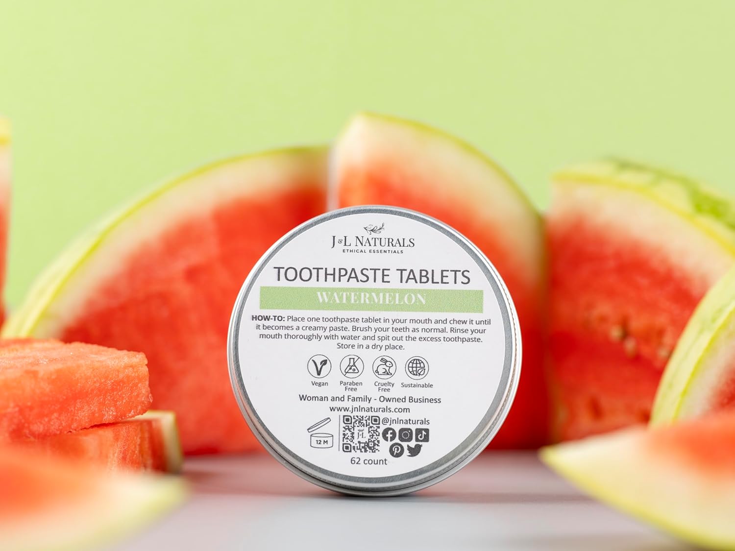 J&L Naturals Toothpaste Tablets | 62-Pack Travel-Friendly Toothpaste | Fluoride + Plastic Free, Vegan, Cruelty Free, Sustainable | Woman-Owned Small Business (Watermelon, 62 Count (Pack of 4))
