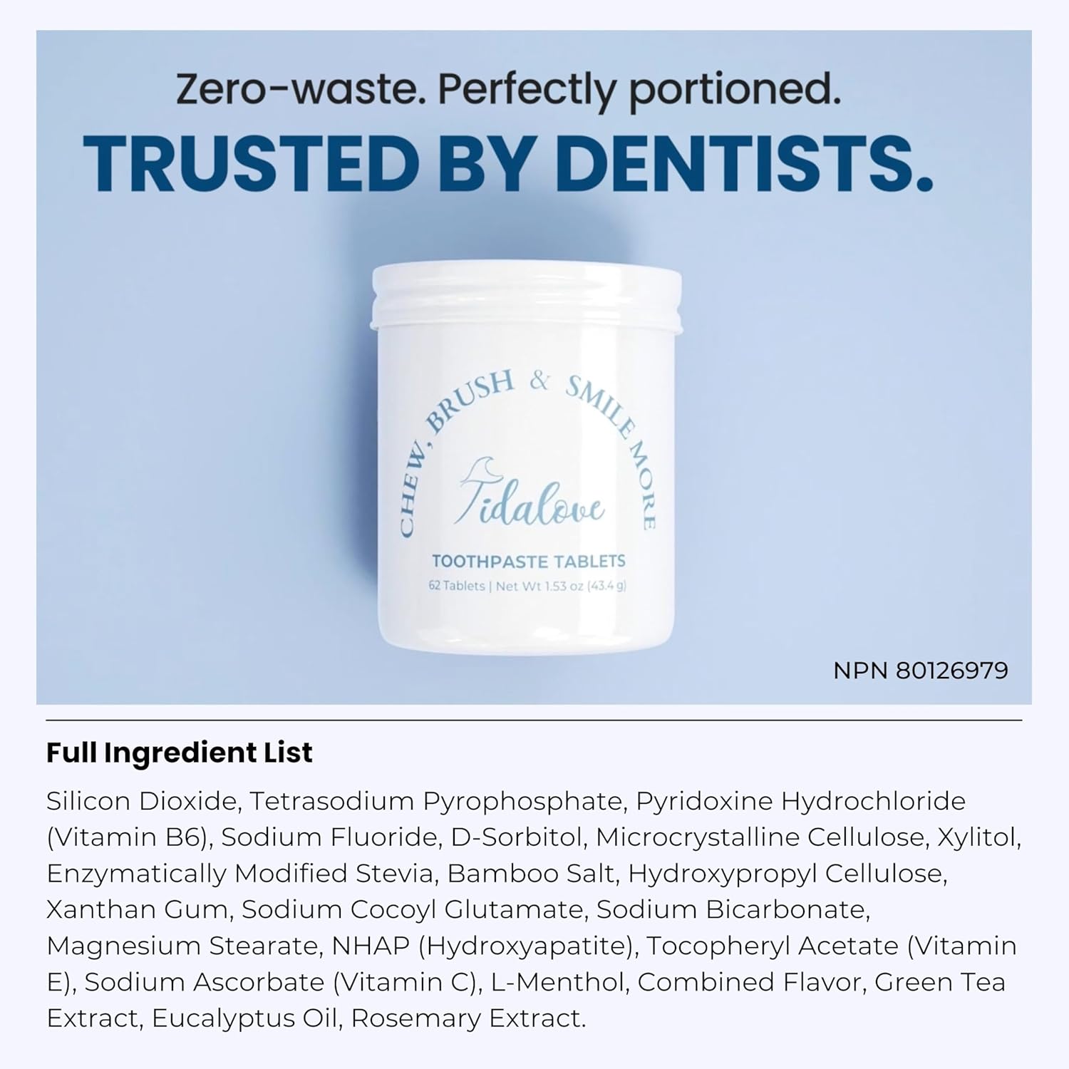 Smile More Toothpaste Tablets with Fluoride & nHAp - Vegan, Enamel Strengthening, Zero Waste, Eco-Friendly Tin (62 Tablets, Cool Mint, Travel-Friendly)