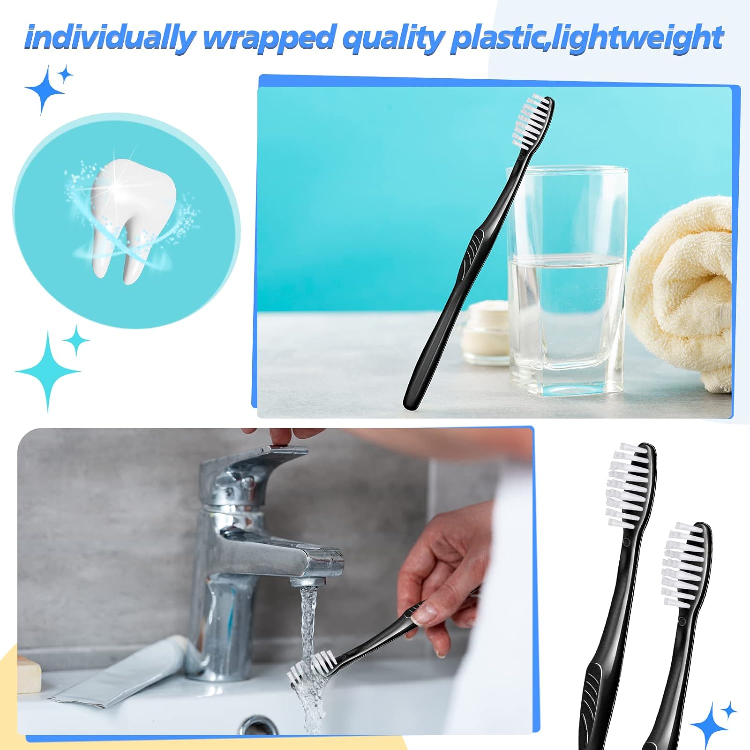 Tessco 1000 Pcs Disposable Toothbrushes Bulk Individually Wrapped Manual Soft Bristle Travel Toothbrushes Single Use Toothbrush for Homeless Hotel Toiletries Camping Office(Black)