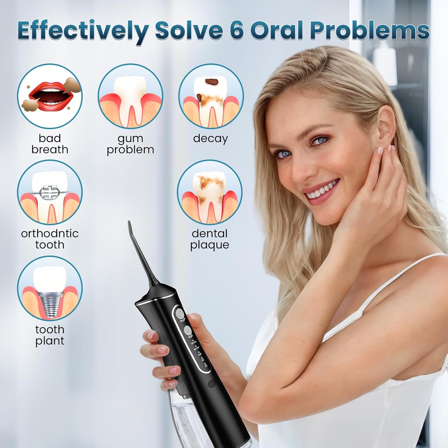 Water Flosser for Teeth Cleaning, 300ML Portable Cordless Oral Irrigator with DIY Strength, 4 Modes, IPX7 Waterproof & 30-Day Battery, 2-Min Smart Timer for Home/Travel Dental Care