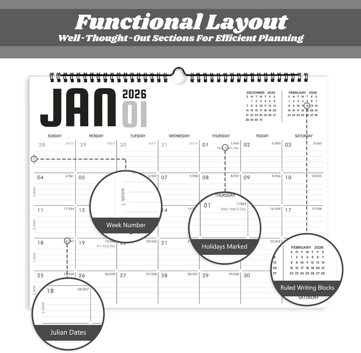 2026 Calendar, Wall Calendar 2026-2027, 18 Month Calendar January 2026 - June 2027, 14.8" X 11.5", Calendar with Twin-Wire Binding, Hanging Hook and Julian Dates (White Style)