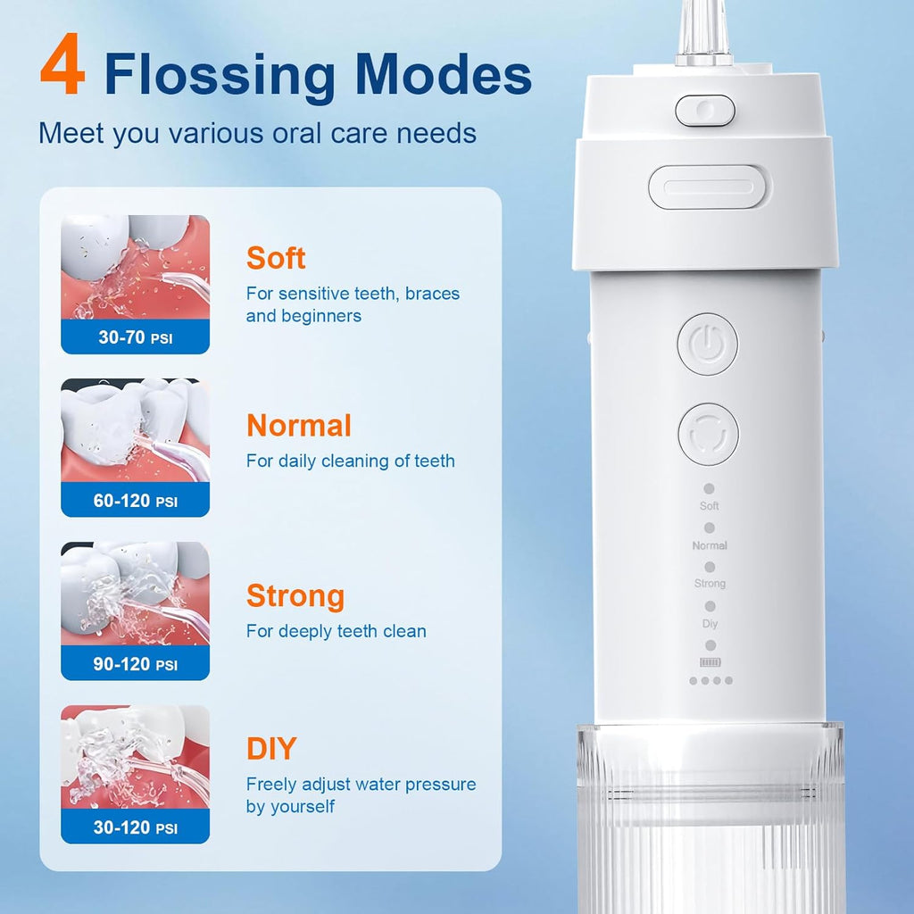 Portable Water Flosser for Teeth with Exquisite Travel Case, Cordless Rechargeable Mini Oral Irrigator with Removable Tank, IPX7 Waterproof, 4 Modes & 4 Jet Tips for Tooth Cleaning (White)
