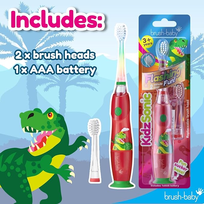 brush-baby - KidzSonic Dinosaur Kids Electric Toothbrush for Ages 3+ with Disco LED Lights, Gentle Sonic Vibrations, 2-Minute Smart Timer & 30‑Second Pulse Reminders – AAA Battery Included