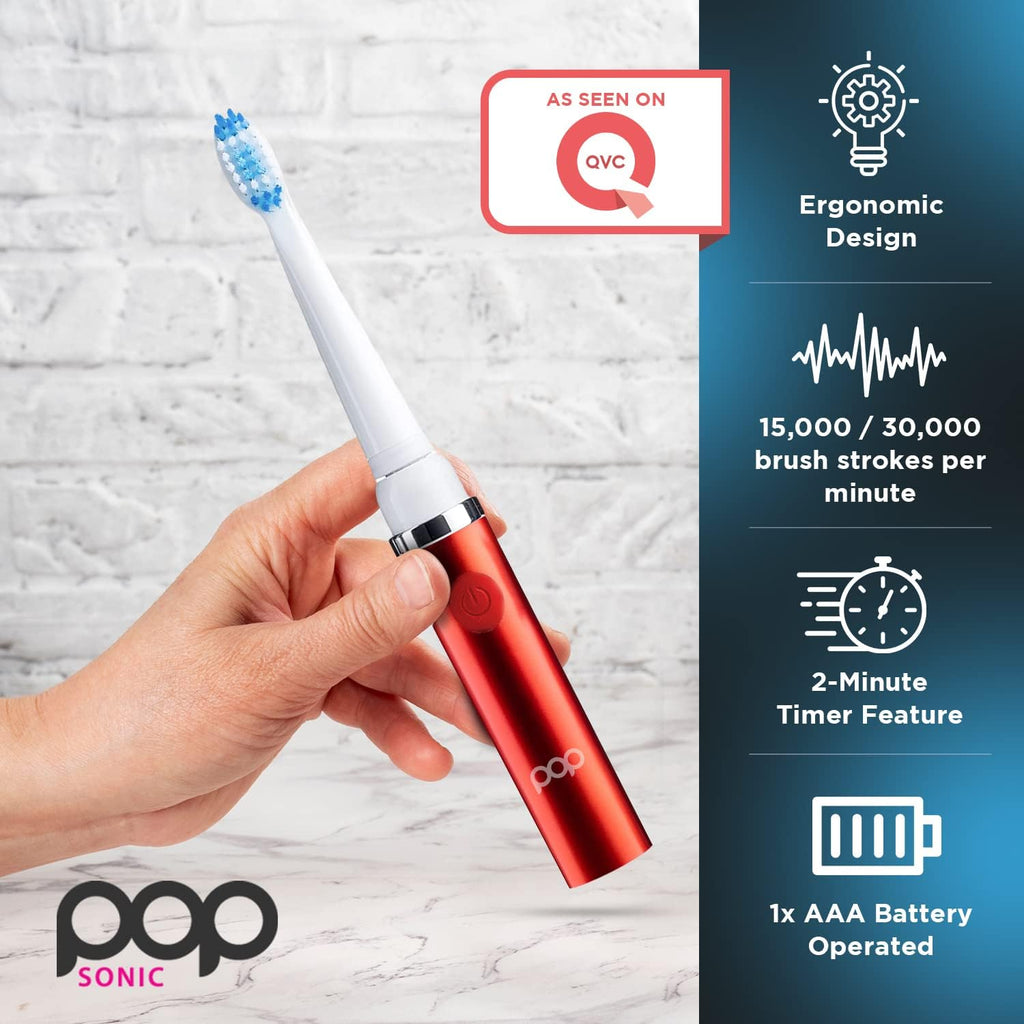 Pop Sonic Electric Toothbrush (Metallic Red) - Travel Toothbrushes w/AAA Battery | Kids Electric Toothbrushes with 2 Speed & 15,000-30,000 Strokes/Minute, Dupont Nylon Bristles
