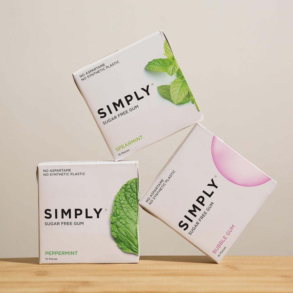 SIMPLY Gum | Dental Gum | Xylitol Chewing Gum- Sugar Free | Variety Pack- Bubblegum, Peppermint, Spearmint | Pack of Six (90 Pieces Total) | Synthetic Plastic Free + Sugar Free + Aspartame Free