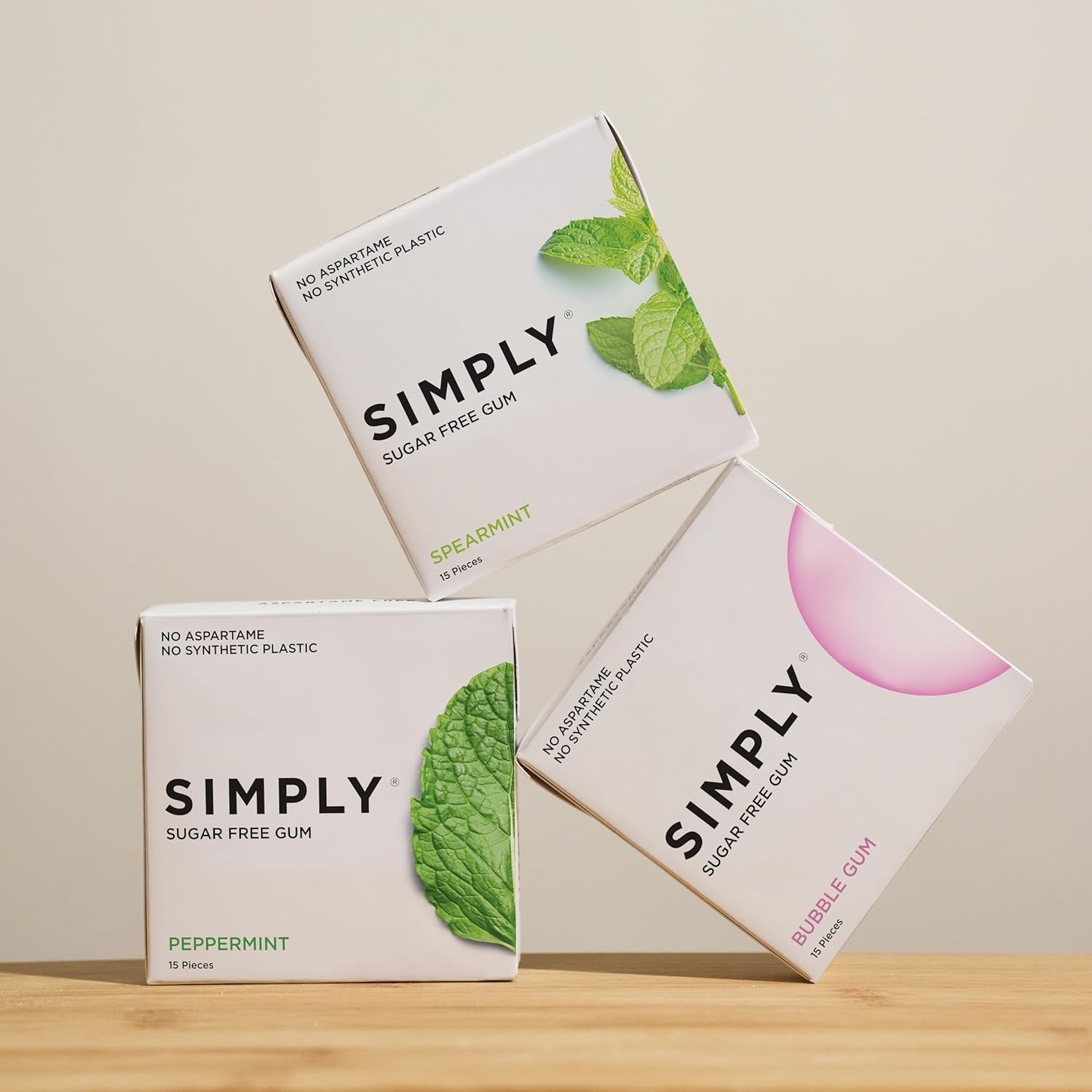 SIMPLY Gum | Dental Gum | Xylitol Chewing Gum- Sugar Free | Variety Pack- Bubblegum, Peppermint, Spearmint | Pack of Six (90 Pieces Total) | Synthetic Plastic Free + Sugar Free + Aspartame Free