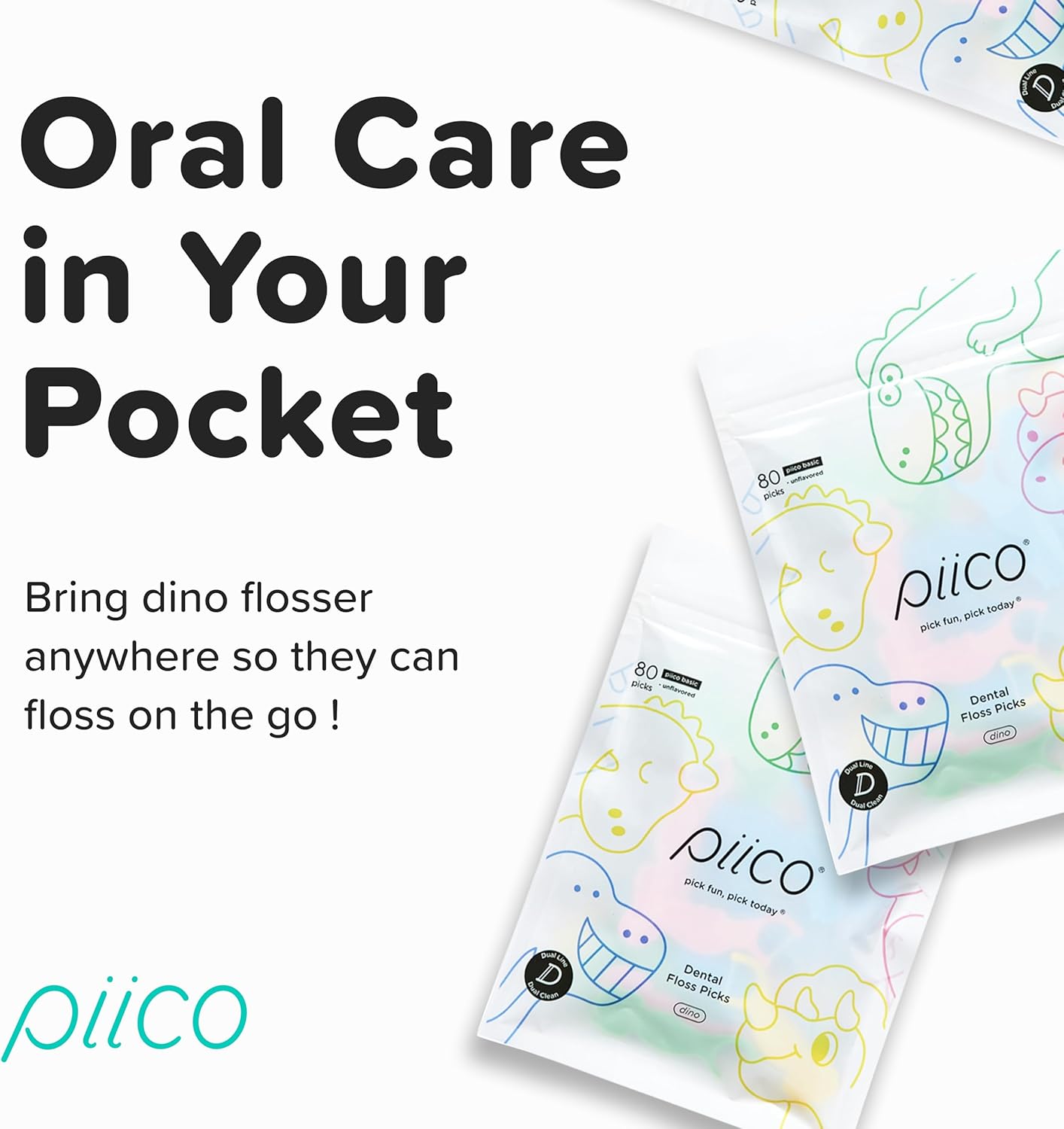 Piico Unflavored Kids Floss - No Fluoride Dual Line Dental Floss Picks - Fun Oral Care in Colorful Floss Sticks Design - Kids Flossers Prevent Tooth Decay & Gum Disease - 240 Count Dino & Travel Case