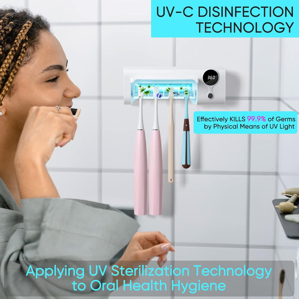 StarWin UV Toothbrush Cleaner, Timer Function, Rechargeable Tooth Brush Holder Wall-Mounted for Bathroom, No Drilling, 4 Slots