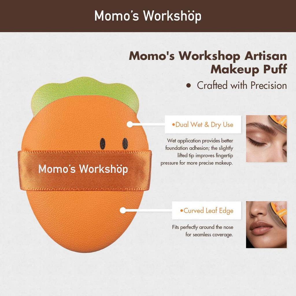 Momo’s Workshop Carrot Makeup Sponge – Dual-Use PU Beauty Sponge with Lychee Leather Handle, 16mm Hydrophilic Sponge for Foundation Coverage, Dry/Wet Application,2pcs with Case