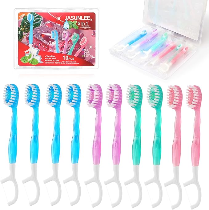 JASUNLEE 10Pack Mini Disposable Toothbrushes with Toothpaste Tongue Scraper Floss Pick 5-in-1 Portable Pre-Pasted Travel Toothbrush Individually Wrapped On The Go Toothbrush for Kids Adult