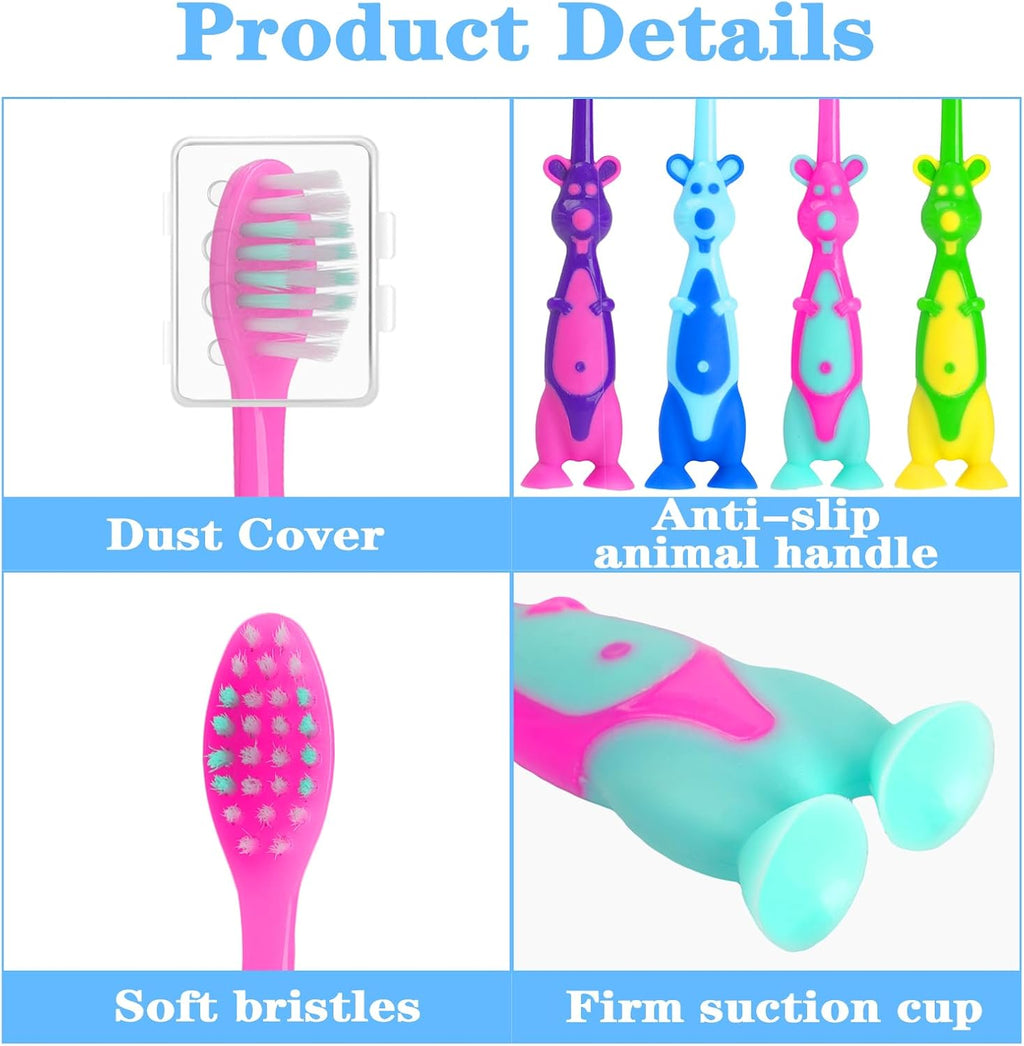 100 Pack Kids Toothbrush Bulk Soft Bristles Toddler Cute Toothbrush with Suction Cup, Includes Travel Covers, Individually Wrapped Toothbrushes for Kid Home School Daycare Camp (Kangaroo)