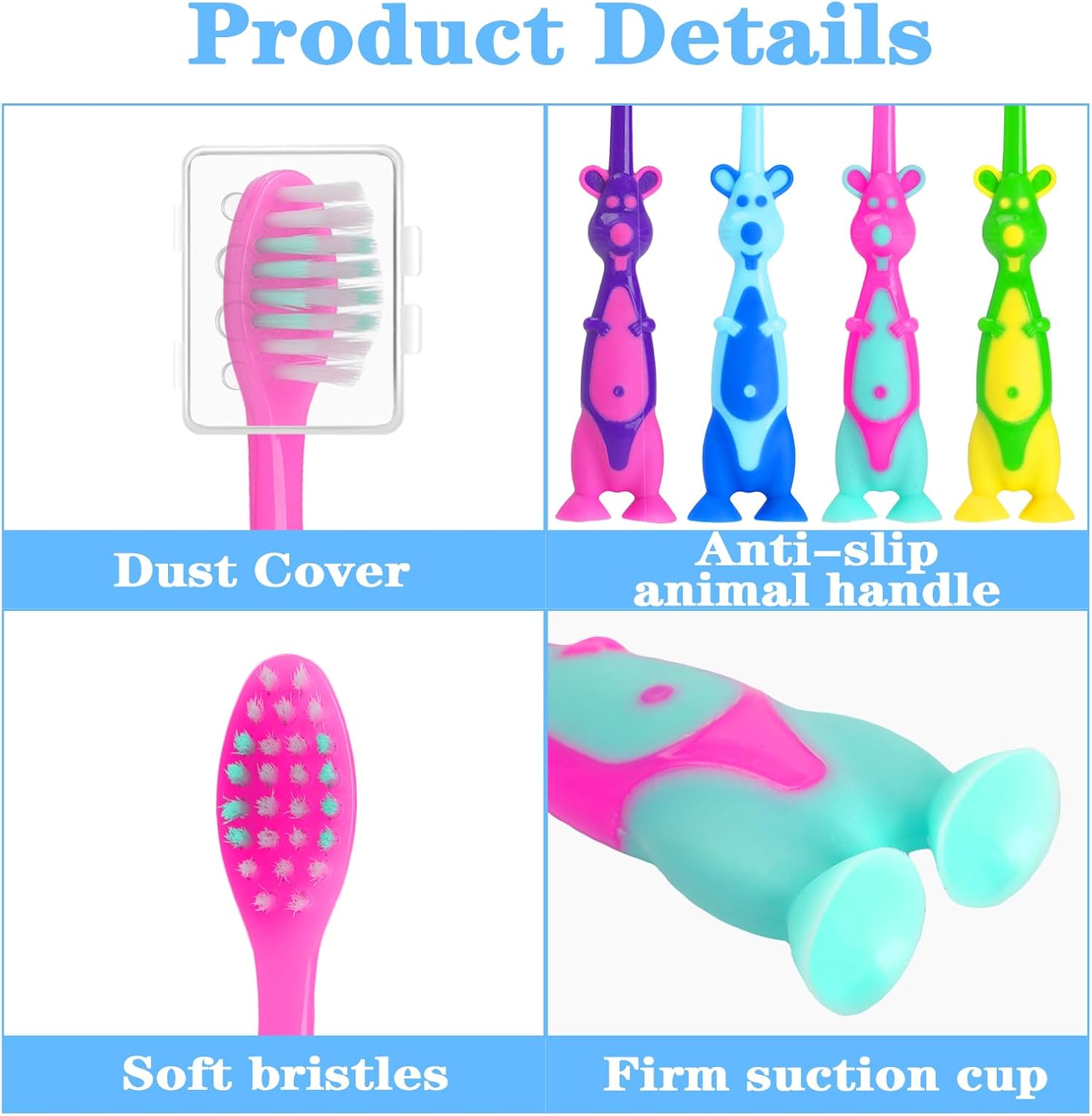 100 Pack Kids Toothbrush Bulk Soft Bristles Toddler Cute Toothbrush with Suction Cup, Includes Travel Covers, Individually Wrapped Toothbrushes for Kid Home School Daycare Camp (Kangaroo)
