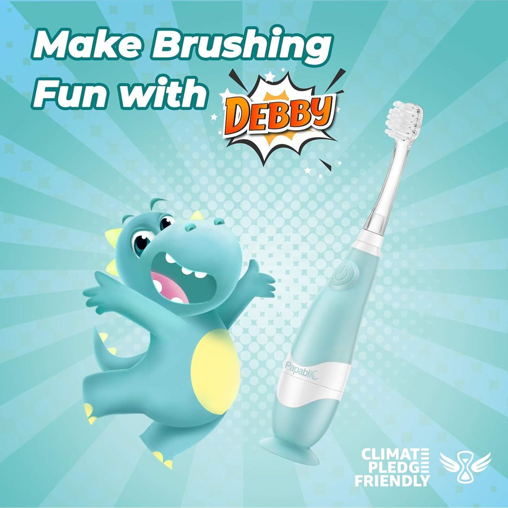 Papablic Toddler Sonic Electric Toothbrush Kids for Ages 1-3 Years, Baby Electric Toothbrush with Cute Dino Cover and Smart LED Timer, 2 Brush Heads (Debby)