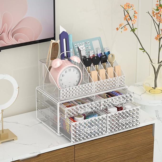 2 Pack Makeup Organizer with Drawers[Upgraded]-Acrylic Make up Organizers and Storage Case for Cosmetics,Brush,Perfume,Jewelry Display, Vanity and Bathroom Accessories