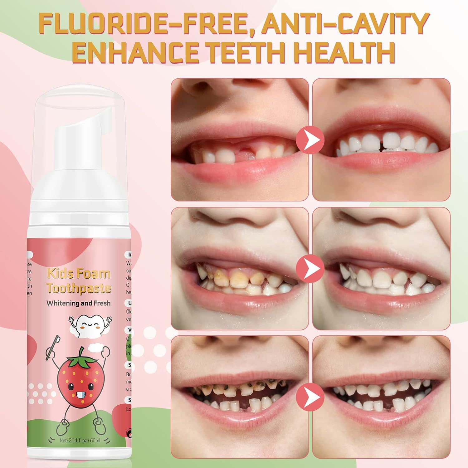 Foam Toothpaste Kids, Toddler Toothpaste with Low Fluoride, Kids Toothpaste for U Shaped Toothbrush Electric Toothbrush, Foam Toothpaste for Children Ages 3 Plus (Watermelon+Strawberry)
