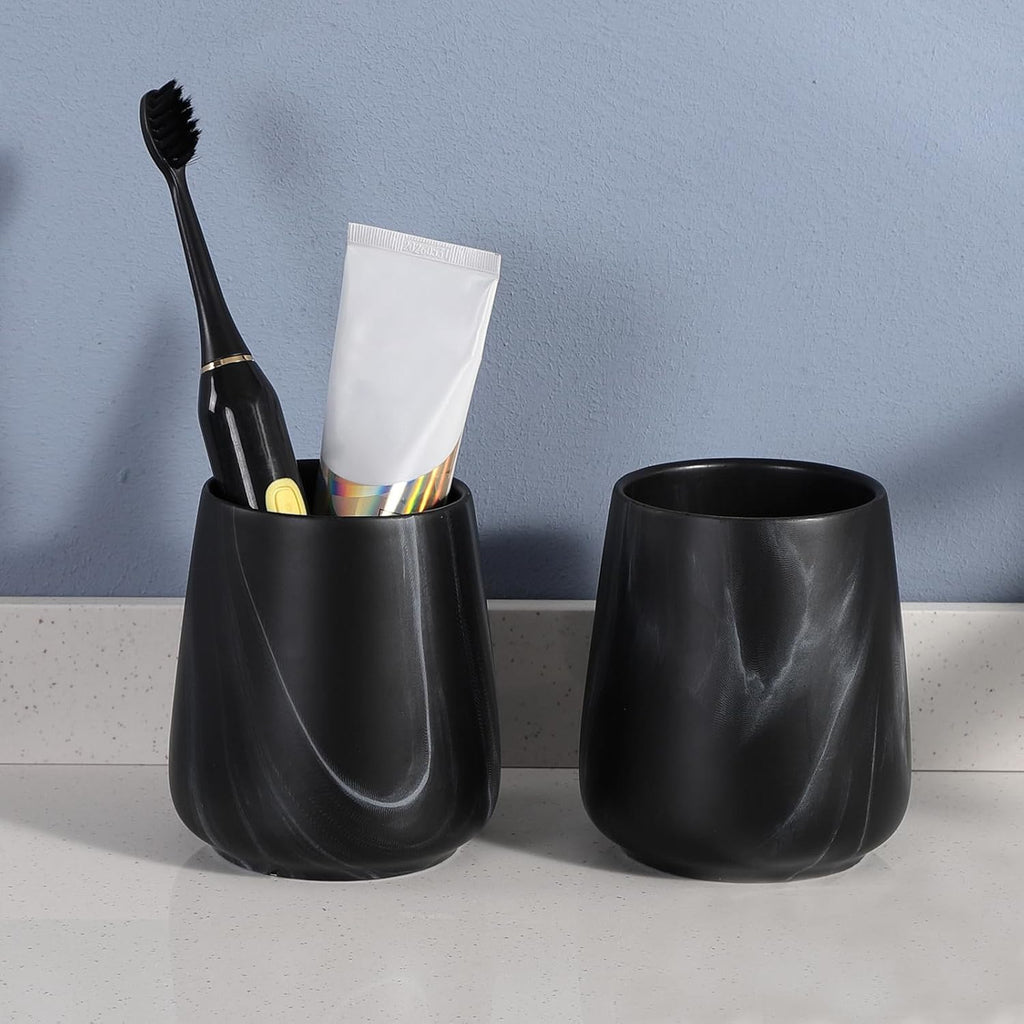 2Pcs Toothbrush Holder for Bathroom - Marble Black Ceramic Tooth Brushing Holders Set, Toothbrush Cup & Toothpaste Organizer for Bathroom Countertop, Makeup Brush Holder, Pen Holder for Home Storage