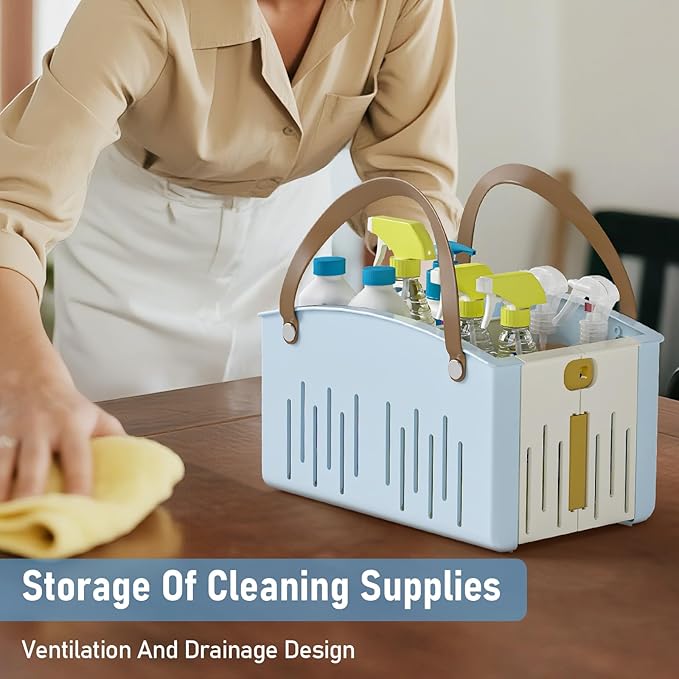 Delamu Portable Shower Basket Caddy with Double Handle Foldable Dry Wet Separation Design 11.0 × 7.1 × 6.5in, Travel, Camping, Gym, College Bathroom Tote, Blue, Ideal Christmas Gifts for Girls