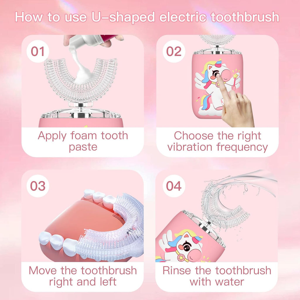 Kids Electric U Shaped Toothbrush Unicorn Rechargeable Sonic Toothbrush with 4 Soft Brush Heads with Kid Toothpaste IPX7 Waterproof - (Age 2-15, Pink)