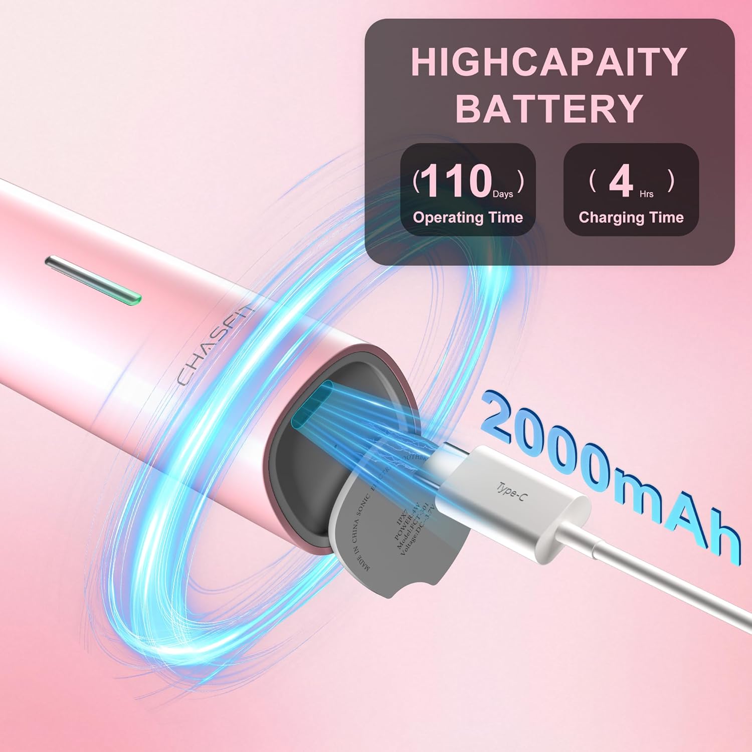 Electric Toothbrush Wave Oscillation & Vibration Sonic Tooth Brush for Adults BASS-Brushing Technique Travel Rechargeable Toothbrushes 4 Soft Bristle Replace Heads IPX7 Gifts for Men Women Pink