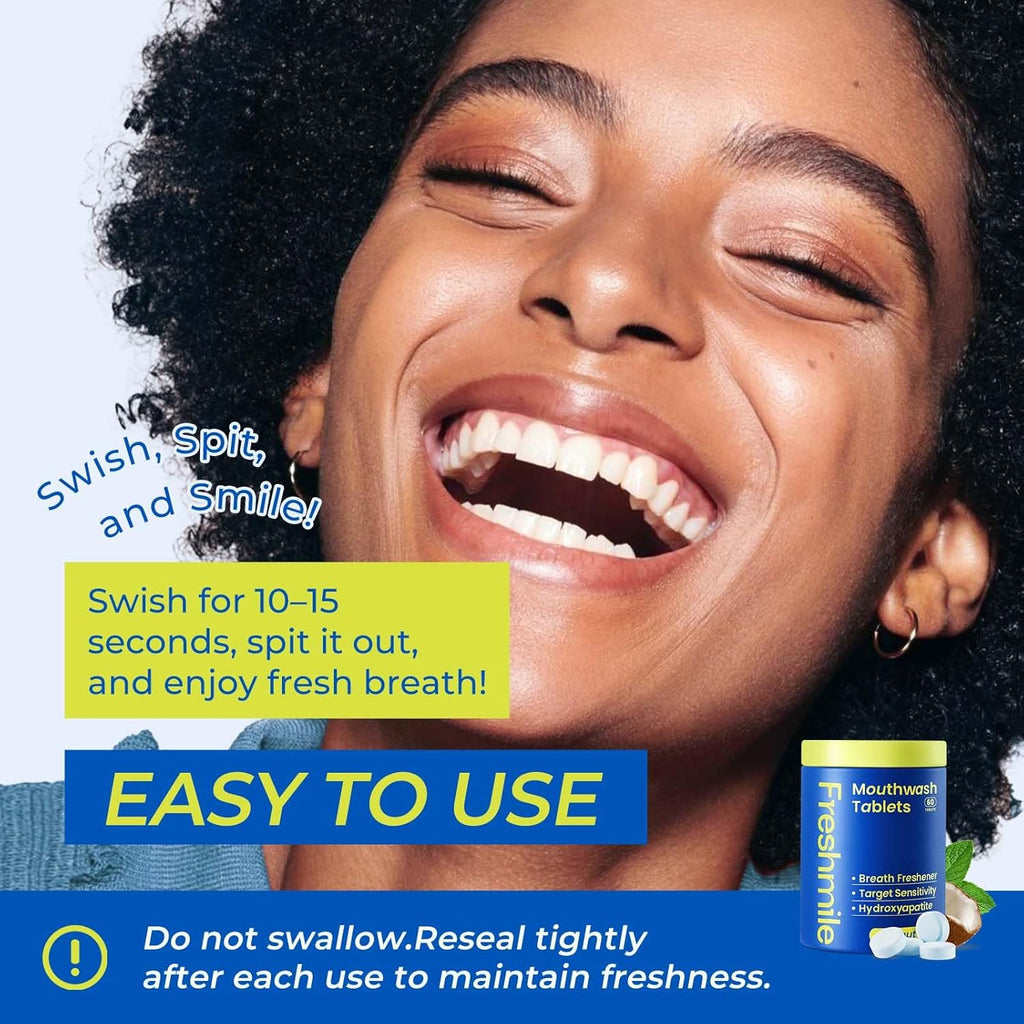 Travel Mouthwash Tablets for Sensitive Teeth & Gum Health – Fluoride & Alcohol-Free, Nano-Hydroxyapatite (NHA) & Xylitol for Bad Breath & Tooth Repair (60 Count)