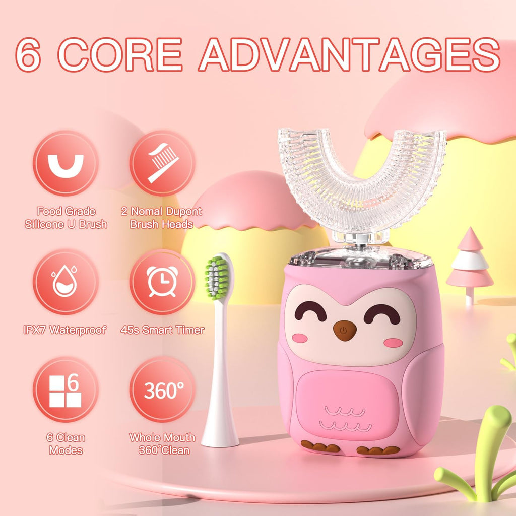 Kids Electric U Shaped Toothbrush Kids Sonic Toothbrush with 4 Soft Brush Head Automatic Full Mouth 6 Cleaning Mode-(Age2-7 Pink)
